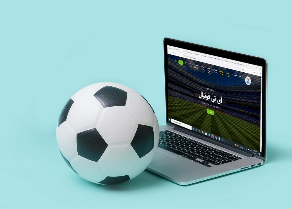 Laptop With Soccer Football Ball On Blue color background. Workout online concept